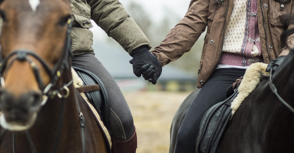Low section of couple holding hands while riding horses 