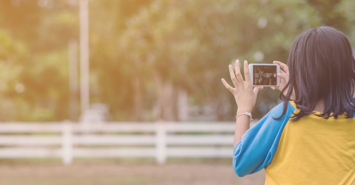 Girl in yellow and blue shirt use smartphone to take photos at the horse riding field in the evening. Girl in yellow and blue shirt use smartphone to take photos at the horse riding field in the evening. 