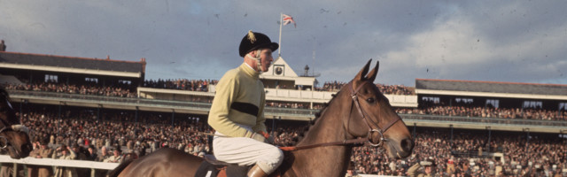 Pat Taaffe On Arkle Jockey Pat Taaffe on 'Arkle' at Newbury racecourse for the Hennesey Gold Cup. (Photo by Fox Photos/Getty Images) 