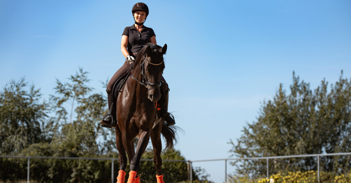 Reiterin reitet Seitengänge mit ihrem Pferd im Sommer auf einem Reitplatz 