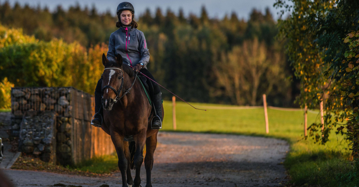 Lilli reitet auf dem Pferd (Equus) Chia, auf einem Reiterhof bei Leutkirch im Allgäu, Baden Württemberg, Deutschland. Au Lilli reitet auf dem Pferd Equus Chia, auf einem Reiterhof bei Leutkirch im Allgäu, Baden Württemberg, Deutschland. Auf dem Reiterhof *** Lilli rides the horse Equus Chia, on a horse farm near Leutkirch in Allgäu, Baden Württemberg, Germany On the horse farm 