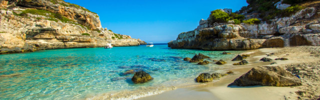 Best,Mallorca,Beach,Panorama,View,Of,The,Bay,At,Cala Best Mallorca Beach panorama view of the bay at Cala S'Almunia in Majorca island, Spain Mediterranean Sea, Balearic Islands 