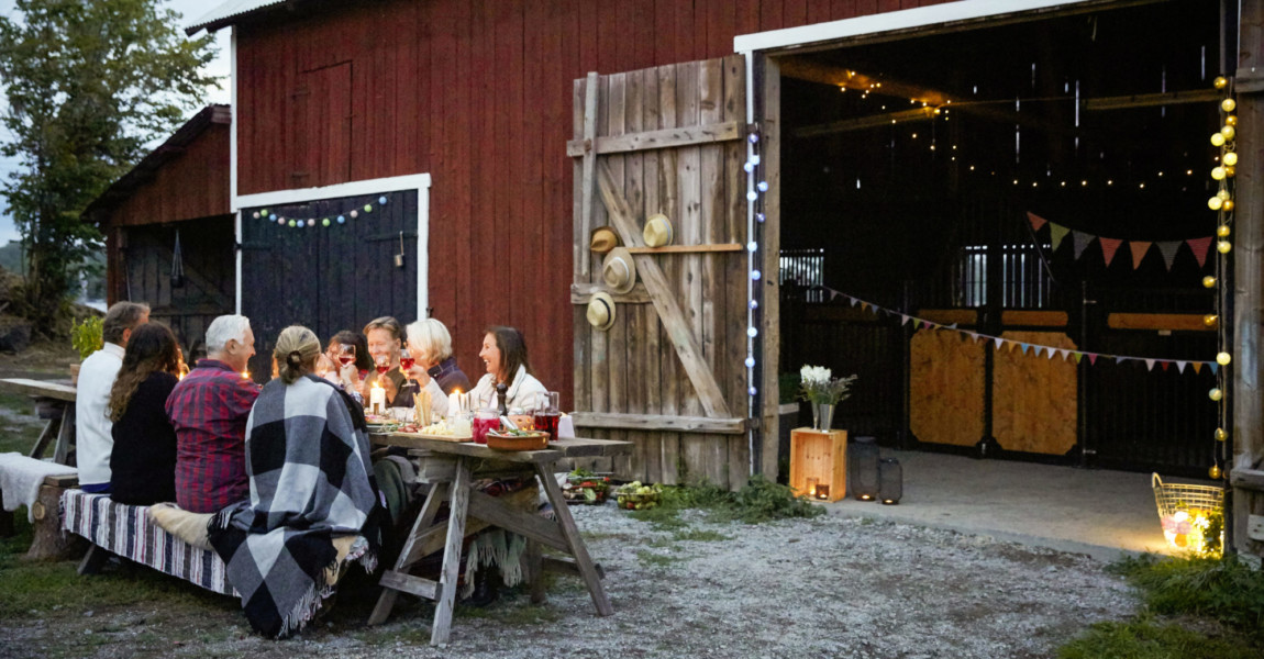 Male and female friends enjoying dinner party against barn at farm 