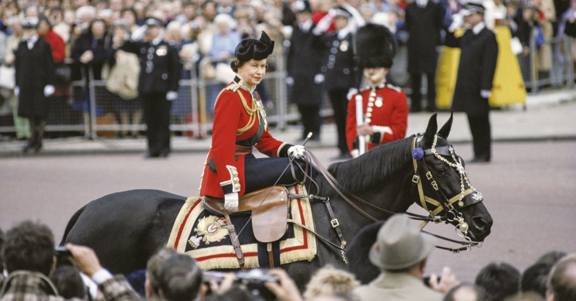 Trooping The Colour Queen Elizabeth II riding a horse, in ceremonial dress, during the Trooping the Colour ceremony on Horse Guards Parade, London, England, Great Britain, June 1979. The Queen is riding 'Burmese', a gift from the Canadian Royal Mounted Police. (Photo by Tim Graham Photo Library via Getty Images) 