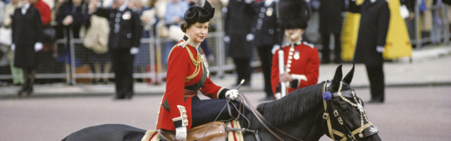 Trooping The Colour Queen Elizabeth II riding a horse, in ceremonial dress, during the Trooping the Colour ceremony on Horse Guards Parade, London, England, Great Britain, June 1979. The Queen is riding 'Burmese', a gift from the Canadian Royal Mounted Police. (Photo by Tim Graham Photo Library via Getty Images) 