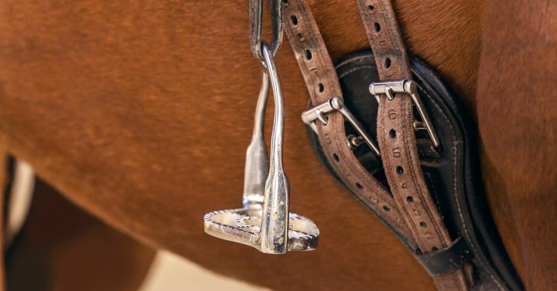 Close-up of stirrup and saddle girth of a saddle on a horseback 